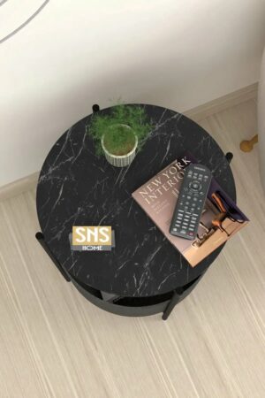 SNS Home - Salontafel - Salontafel met Grote Tas - Krantenhouder - Boekenplank - Bloempot - Bijzettafel met Opbergruimte - Zwart en Marmer - Rond - 60x43x43 - Afbeelding 4