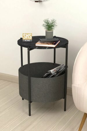 SNS Home - Salontafel - Salontafel met Grote Tas - Krantenhouder - Boekenplank - Bloempot - Bijzettafel met Opbergruimte - Zwart en Marmer - Rond - 60x43x43 - Afbeelding 5