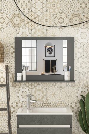 SNS Home / 60 x 45 cm / Modena Badkamerplank / Wastafelplank / Plank met Spiegel / Badkamerspiegel / Antraciet - Afbeelding 5