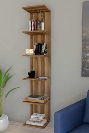 Wandmontage Boekenkast - Wandplank - Decoratieve Plank - Esthetisch Ontwerp - MDF Okkernoot - 180 x 35 x 30 cm - 6 Planken - Afbeelding 3