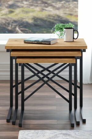 Set van 3 bijzettafels - Bijzettafel met Metalen Poten - Bijzettafel - Set van 3 Salontafels - Metalen Middentafel - Atlantic Pine - Pijnboom - Afbeelding 6