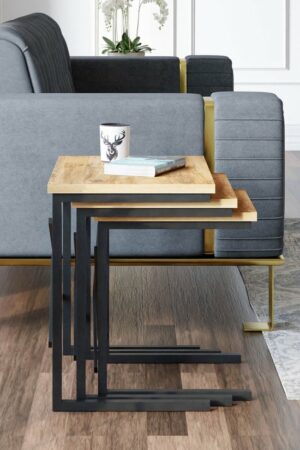 Set van 3 bijzettafels - Bijzettafel met Metalen Poten - Bijzettafel - Set van 3 Salontafels - Metalen Middentafel - Atlantic Pine - Pijnboom - Afbeelding 7