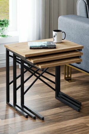 Set van 3 bijzettafels - Bijzettafel met Metalen Poten - Bijzettafel - Set van 3 Salontafels - Metalen Middentafel - Atlantic Pine - Pijnboom - Afbeelding 8