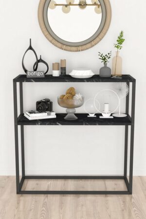 SNS Home - Metaal Leg Dressoir - Decoratieve Plank Dressoir - Console Metaal - Dressoir - Marmer en Zwart - 2 Vakken - Industrieel - 90x90x33,5 cm - Afbeelding 5