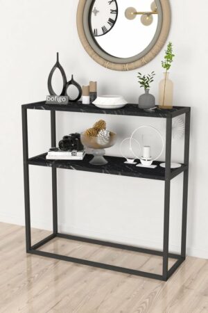 SNS Home - Metaal Leg Dressoir - Decoratieve Plank Dressoir - Console Metaal - Dressoir - Marmer en Zwart - 2 Vakken - Industrieel - 90x90x33,5 cm - Afbeelding 7