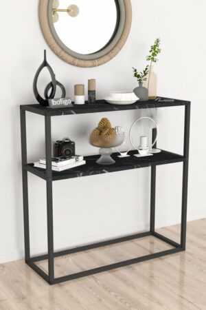 SNS Home - Metaal Leg Dressoir - Decoratieve Plank Dressoir - Console Metaal - Dressoir - Marmer en Zwart - 2 Vakken - Industrieel - 90x90x33,5 cm - Afbeelding 8