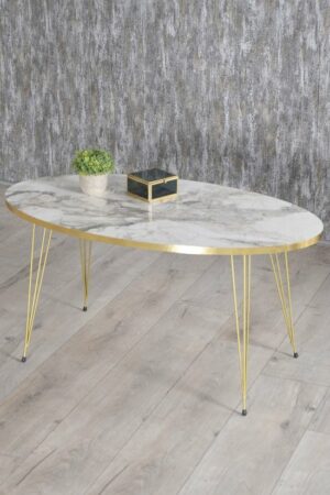 Salontafel Set - Marmeren look - Set van 4 - Wit Luxe design - Marmer - Bijzettafel - Sofa Tafel Ovaal - Woonkamer Tafel - Salon tafel - Bijzettafel en Salontafel - Elips Set Goud Efes - Afbeelding 4