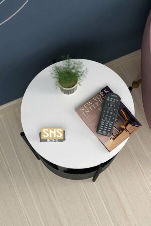 SNS Home - Salontafel - Salontafel met Grote Tas - Krantenhouder - Boekenplank - Bloempot - Bijzettafel met Opbergruimte - Wit - Rond - 60x43x43 - Afbeelding 3