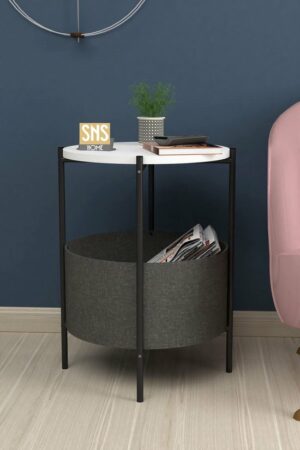 SNS Home - Salontafel - Salontafel met Grote Tas - Krantenhouder - Boekenplank - Bloempot - Bijzettafel met Opbergruimte - Wit - Rond - 60x43x43 - Afbeelding 5