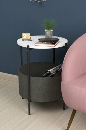 SNS Home - Salontafel - Salontafel met Grote Tas - Krantenhouder - Boekenplank - Bloempot - Bijzettafel met Opbergruimte - Wit - Rond - 60x43x43 - Afbeelding 6