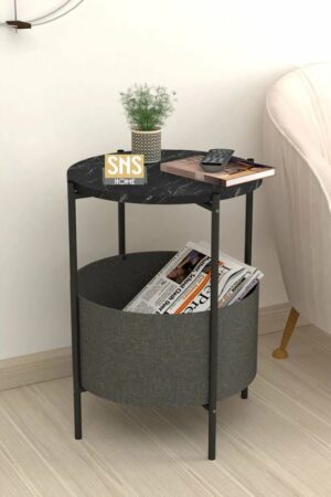 SNS Home - Salontafel - Salontafel met Grote Tas - Krantenhouder - Boekenplank - Bloempot - Bijzettafel met Opbergruimte - Zwart en Marmer - Rond - 60x43x43 - Afbeelding 8