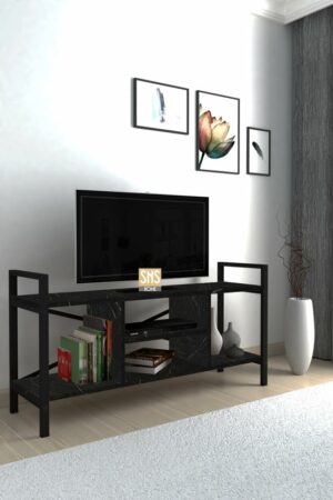 TV-meubel - TV-meubel met plank - Televisiemeubel - Tv Kasten - Tv-standaard Plank - Tv-eenheid - Televisiestandaard - Zwart en Marmer - 120 cm - Afbeelding 4