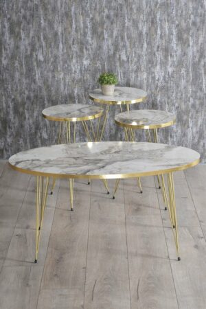 Salontafel Set - Marmeren look - Set van 4 - Wit Luxe design - Marmer - Bijzettafel - Sofa Tafel Ovaal - Woonkamer Tafel - Salon tafel - Bijzettafel en Salontafel - Elips Set Goud Efes - Afbeelding 5