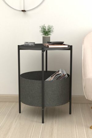 SNS Home - Salontafel - Salontafel met Grote Tas - Krantenhouder - Boekenplank - Bloempot - Bijzettafel met Opbergruimte - Antraciet - Rond - 60x43x43 - Afbeelding 10