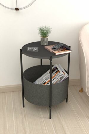 SNS Home - Salontafel - Salontafel met Grote Tas - Krantenhouder - Boekenplank - Bloempot - Bijzettafel met Opbergruimte - Antraciet - Rond - 60x43x43 - Afbeelding 12