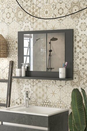 SNS Home / 60 x 45 cm / Modena Badkamerplank / Wastafelplank / Plank met Spiegel / Badkamerspiegel / Antraciet - Afbeelding 12