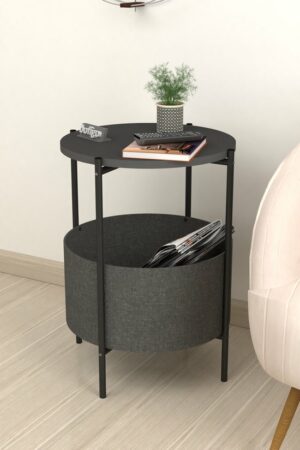 SNS Home - Salontafel - Salontafel met Grote Tas - Krantenhouder - Boekenplank - Bloempot - Bijzettafel met Opbergruimte - Antraciet - Rond - 60x43x43 - Afbeelding 14