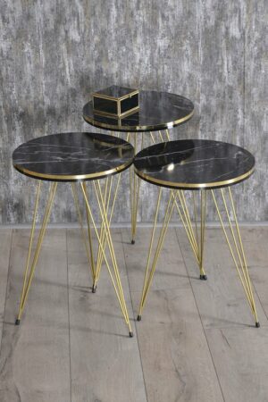 Bijzettafel en Middentafel - Goudchromen Poot - Salontafel Set - Marmeren Look - Set van 4 - Luxe Design - Zwart en Marmer - Bijzettafel - Woonkamer Tafel - Salon Tafel - Afbeelding 3