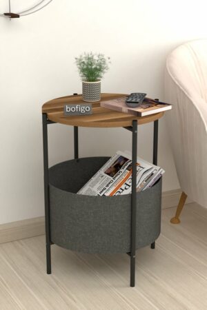 SNS Home - Salontafel - Salontafel met Grote Tas - Krantenhouder - Boekenplank - Bloempot - Bijzettafel met Opbergruimte - Okkernoot - Rond - 60x43x43 - Afbeelding 8