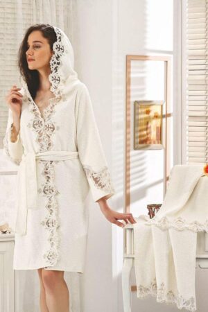 Golden Home Badjas Set - Bruid Badjas - Huwelijksreis Badjas - Dagelijkse Badjas - Luxe Badjas - Katoen Badjas - Roza Cream - Moederdag - Afbeelding 5