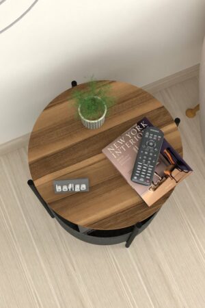 SNS Home - Salontafel - Salontafel met Grote Tas - Krantenhouder - Boekenplank - Bloempot - Bijzettafel met Opbergruimte - Okkernoot - Rond - 60x43x43 - Afbeelding 9