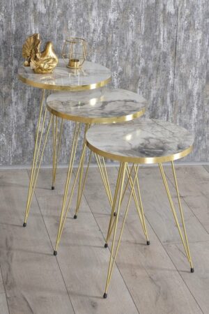 Salontafel Set - Marmeren look - Set van 4 - Wit Luxe design - Marmer - Bijzettafel - Sofa Tafel Ovaal - Woonkamer Tafel - Salon tafel - Bijzettafel en Salontafel - Elips Set Goud Efes - Afbeelding 6