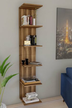 Wandmontage Boekenkast - Wandplank - Decoratieve Plank - Esthetisch Ontwerp - MDF Okkernoot - 180 x 35 x 30 cm - 6 Planken - Afbeelding 6
