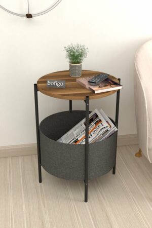 SNS Home - Salontafel - Salontafel met Grote Tas - Krantenhouder - Boekenplank - Bloempot - Bijzettafel met Opbergruimte - Okkernoot - Rond - 60x43x43 - Afbeelding 14