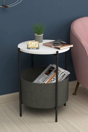 SNS Home - Salontafel - Salontafel met Grote Tas - Krantenhouder - Boekenplank - Bloempot - Bijzettafel met Opbergruimte - Wit - Rond - 60x43x43 - Afbeelding 7