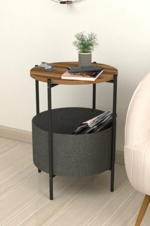 SNS Home - Salontafel - Salontafel met Grote Tas - Krantenhouder - Boekenplank - Bloempot - Bijzettafel met Opbergruimte - Okkernoot - Rond - 60x43x43 - Afbeelding 16