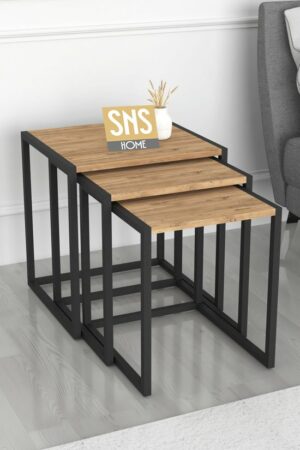 SNS Home - Set van 3 Coffee Tables Metal - Salontafel - Bijzettafel - Set van 3 Coffee Metalen Nesttafel - Pijnboom - Afbeelding 3