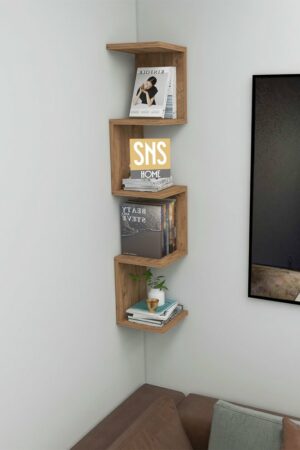 SNS Home - Wandrek - ZigZag - Design Boekenkast - Hoekkast Zigzag Boekenkast - Hoek Boekenkast - Wandplank - Decoratieve Plank - 5 Planken - 5 Secties - Pijnboom - Afbeelding 3