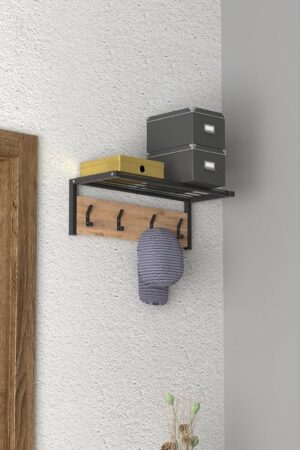 Kapstok - Kledinghanger - Metalen Wandhanger - Wandplank - Wandkapstok met Plank en 4 Haken - Metaal en Hout Bruin- 4x2 Haken - 21x61 cm - Afbeelding 3