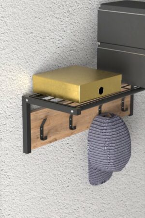 Kapstok - Kledinghanger - Metalen Wandhanger - Wandplank - Wandkapstok met Plank en 4 Haken - Metaal en Hout Bruin- 4x2 Haken - 21x61 cm - Afbeelding 4