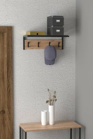 Kapstok - Kledinghanger - Metalen Wandhanger - Wandplank - Wandkapstok met Plank en 4 Haken - Metaal en Hout Bruin- 4x2 Haken - 21x61 cm - Afbeelding 5