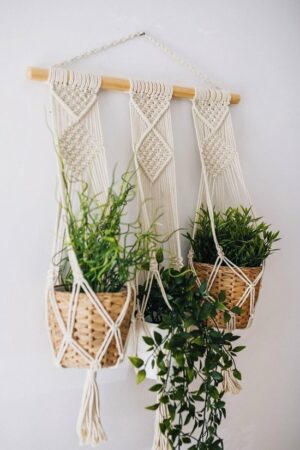 Vilta Life, Macramé Touwhanger - Macramé Drievoudige Bloempot - Plantenhanger Macramé - 3 stuk - Plantenpot Ophangen - Planthanger - Bloempot Slinger - Macramé Bloempot - 71-80 cm - Beige - Afbeelding 3