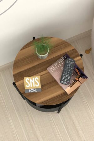 Salontafel - Salontafel met Grote Tas - Krantenhouder - Boekenplank - Bloempot - Bijzettafel met Opbergruimte - Okkernoot - Rond - 60x43x43 - Afbeelding 4