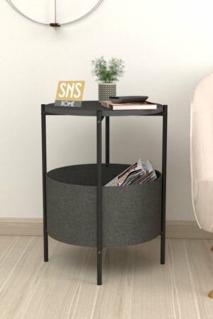 SNS Home - Salontafel - Salontafel met Grote Tas - Krantenhouder - Boekenplank - Bloempot - Bijzettafel met Opbergruimte - Antraciet - Rond - 60x43x43 - Afbeelding 21