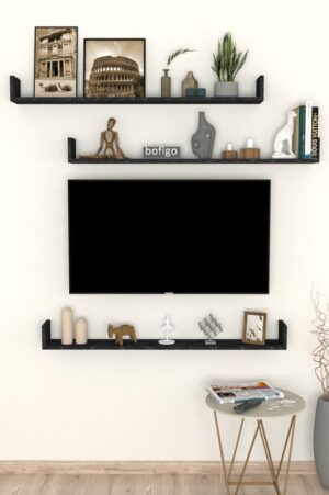 SNS Home, 16-01, Fotolijst en Boekenplank, Wandplankenset Bestaande Uit 3 Zwevende Planken, Tv-Plank, Vliegende Plank, Boekenplank, 120 x 15 x 12 cm, Moderne Plank Voor Objecten, 3 Stuks, Bendir/Marmer - Afbeelding 11