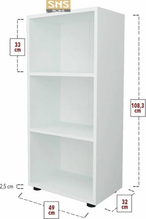 SNS Home, Prismakast met 3 Planken, Boekenkast met 3 Planken, Kantoorkast, De Map, Multifunctionele Kast, Keukenkast, Wit, 108,3 x 49 x 32 cm - Afbeelding 4