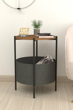 Salontafel - Salontafel met Grote Tas - Krantenhouder - Boekenplank - Bloempot - Bijzettafel met Opbergruimte - Okkernoot - Rond - 60x43x43 - Afbeelding 17