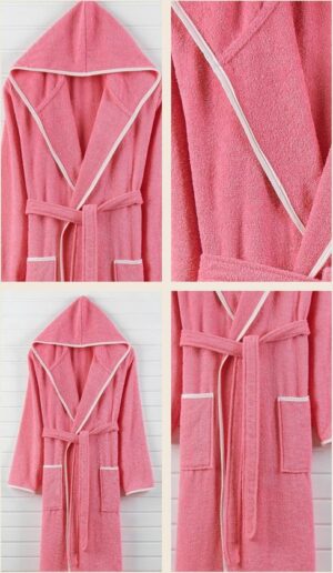 Badjas met Capuchon - Zachte Badjas - Katoenen Badjas - 2 Zakken en Riem - Roze - Maat S - Afbeelding 3