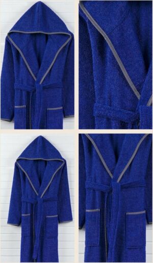 Badjas met Capuchon - Zachte Badjas - Katoenen Badjas - 2 Zakken en Riem - Marineblauw - Maat S - Afbeelding 3
