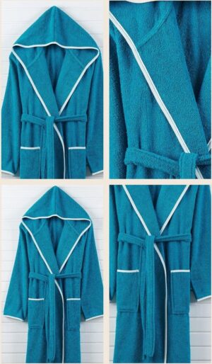 Badjas met Capuchon - Zachte Badjas - Katoenen Badjas - 2 Zakken en Riem - Olie/Turkoois - Maat XL - Afbeelding 3