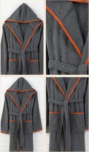 Badjas met Capuchon - Zachte Badjas - Katoenen Badjas - 2 Zakken en Riem - Antraciet - Maat M - Afbeelding 3