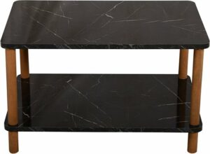 Rechthoekige Salontafel - Ovale Rand Bijzettafel - Salontafel met Houten Poten - Salontafel met Twee Niveaus - Salontafel met Krantenhouder - Zwart en Marmer - 44 x 70 cm - Afbeelding 3