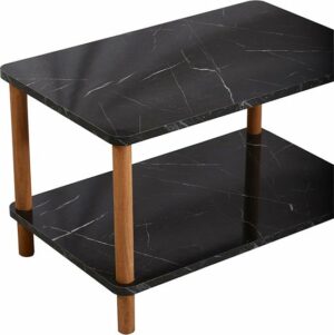 Rechthoekige Salontafel - Ovale Rand Bijzettafel - Salontafel met Houten Poten - Salontafel met Twee Niveaus - Salontafel met Krantenhouder - Zwart en Marmer - 44 x 70 cm - Afbeelding 5