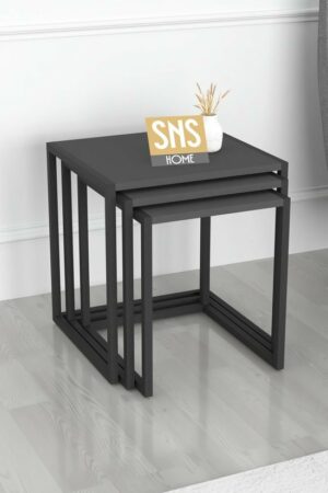 Set van 3 Houten en Metalen Bijzettafels - Perfect voor Moderne Elegantie en Functionaliteit - Salontafel - Bijzettafel - Antraciet - Afbeelding 3