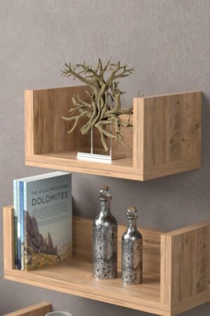Wandplank, Decoratieve U-plank, Wandplank in U-vorm, Set van 3, Zwevende Plank in Vintage Stijl, Wandmontage, Voor Decoratie, Woonkamer, Slaapkamer en Kantoor, Okkernoot - Afbeelding 3