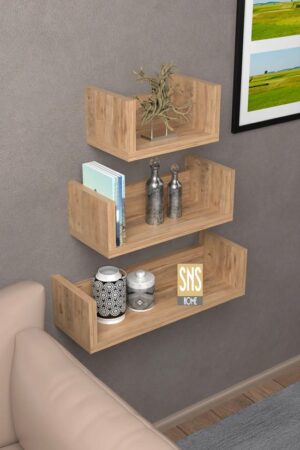 Wandplank, Decoratieve U-plank, Wandplank in U-vorm, Set van 3, Zwevende Plank in Vintage Stijl, Wandmontage, Voor Decoratie, Woonkamer, Slaapkamer en Kantoor, Okkernoot - Afbeelding 4